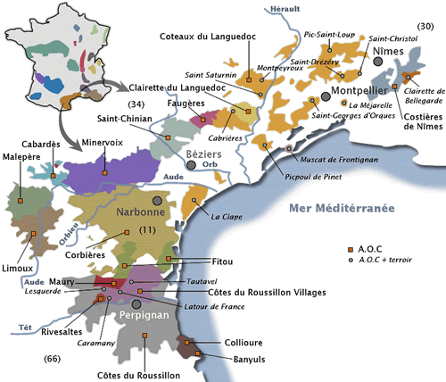 Carte du vignoble de la région Languedoc Roussillon